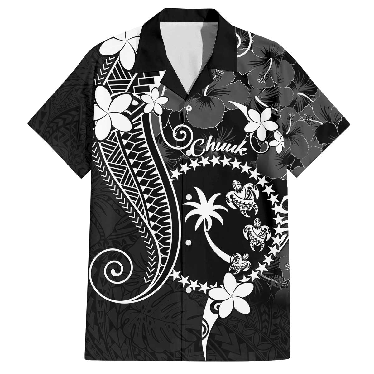 FSM Chuuk Family Matching Off Shoulder Short Dress and Hawaiian Shirt Turtle Tropical Flowers Polynesian - Black LT14 Dad's Shirt - Short Sleeve Black - Polynesian Pride