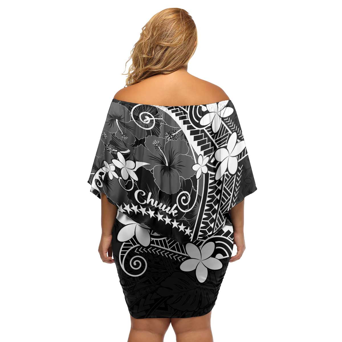 FSM Chuuk Family Matching Off Shoulder Short Dress and Hawaiian Shirt Turtle Tropical Flowers Polynesian - Black LT14 - Polynesian Pride