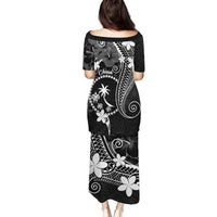 FSM Chuuk Family Matching Puletasi and Hawaiian Shirt Turtle Tropical Flowers Polynesian - Black