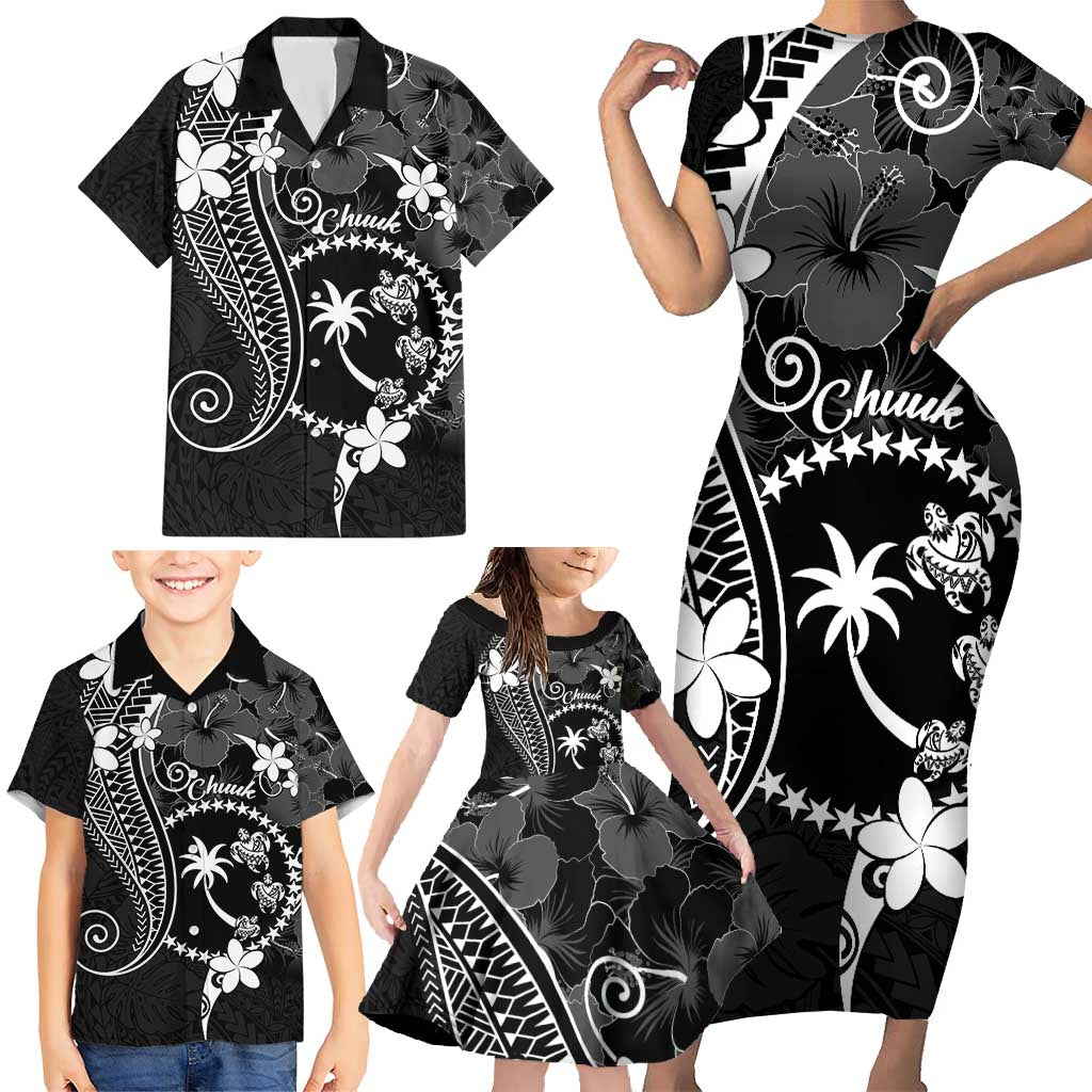 FSM Chuuk Family Matching Short Sleeve Bodycon Dress and Hawaiian Shirt Turtle Tropical Flowers Polynesian - Black LT14 - Polynesian Pride