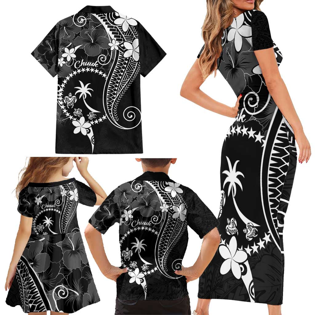 FSM Chuuk Family Matching Short Sleeve Bodycon Dress and Hawaiian Shirt Turtle Tropical Flowers Polynesian - Black LT14 - Polynesian Pride
