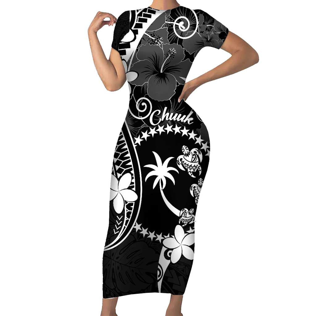 FSM Chuuk Family Matching Short Sleeve Bodycon Dress and Hawaiian Shirt Turtle Tropical Flowers Polynesian - Black LT14 Mom's Dress Black - Polynesian Pride