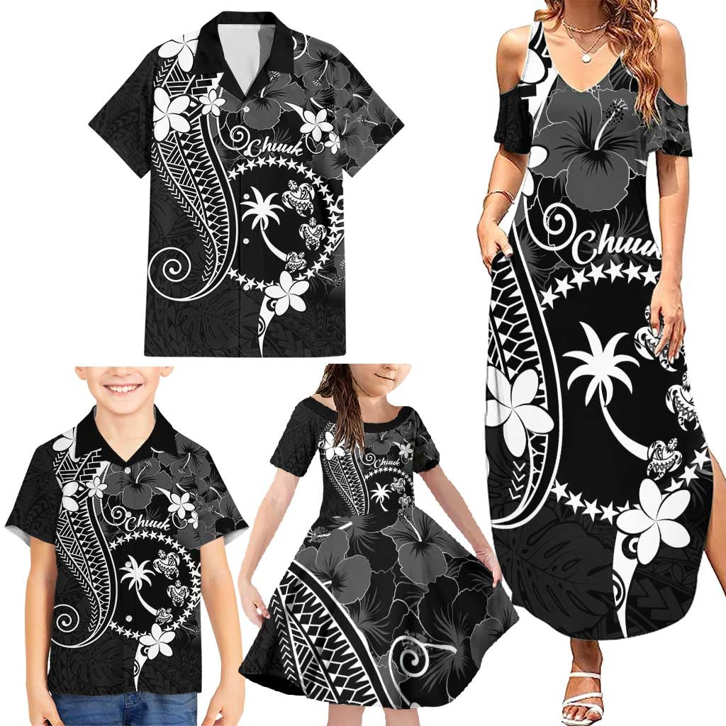 FSM Chuuk Family Matching Summer Maxi Dress and Hawaiian Shirt Turtle Tropical Flowers Polynesian - Black LT14 - Polynesian Pride