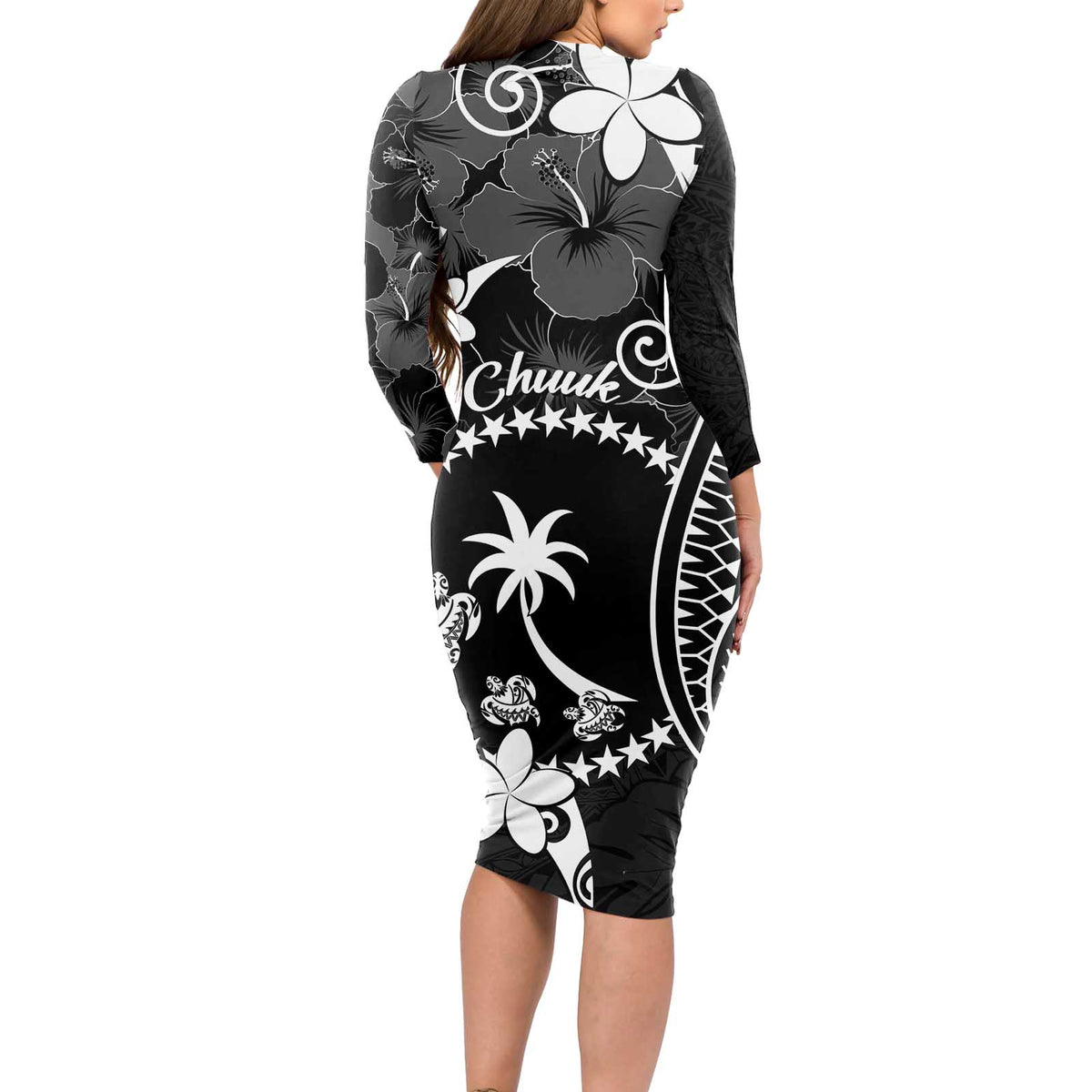 FSM Chuuk Long Sleeve Bodycon Dress Turtle Tropical Flowers Polynesian - Black LT14 - Polynesian Pride