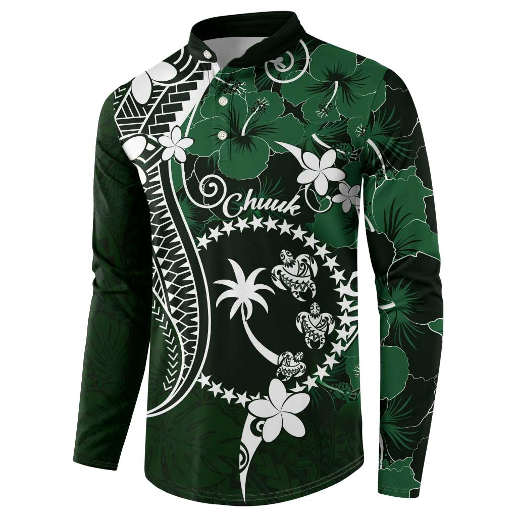 FSM Chuuk Button Sweatshirt Turtle Tropical Flowers Polynesian - Green LT14 - Polynesian Pride