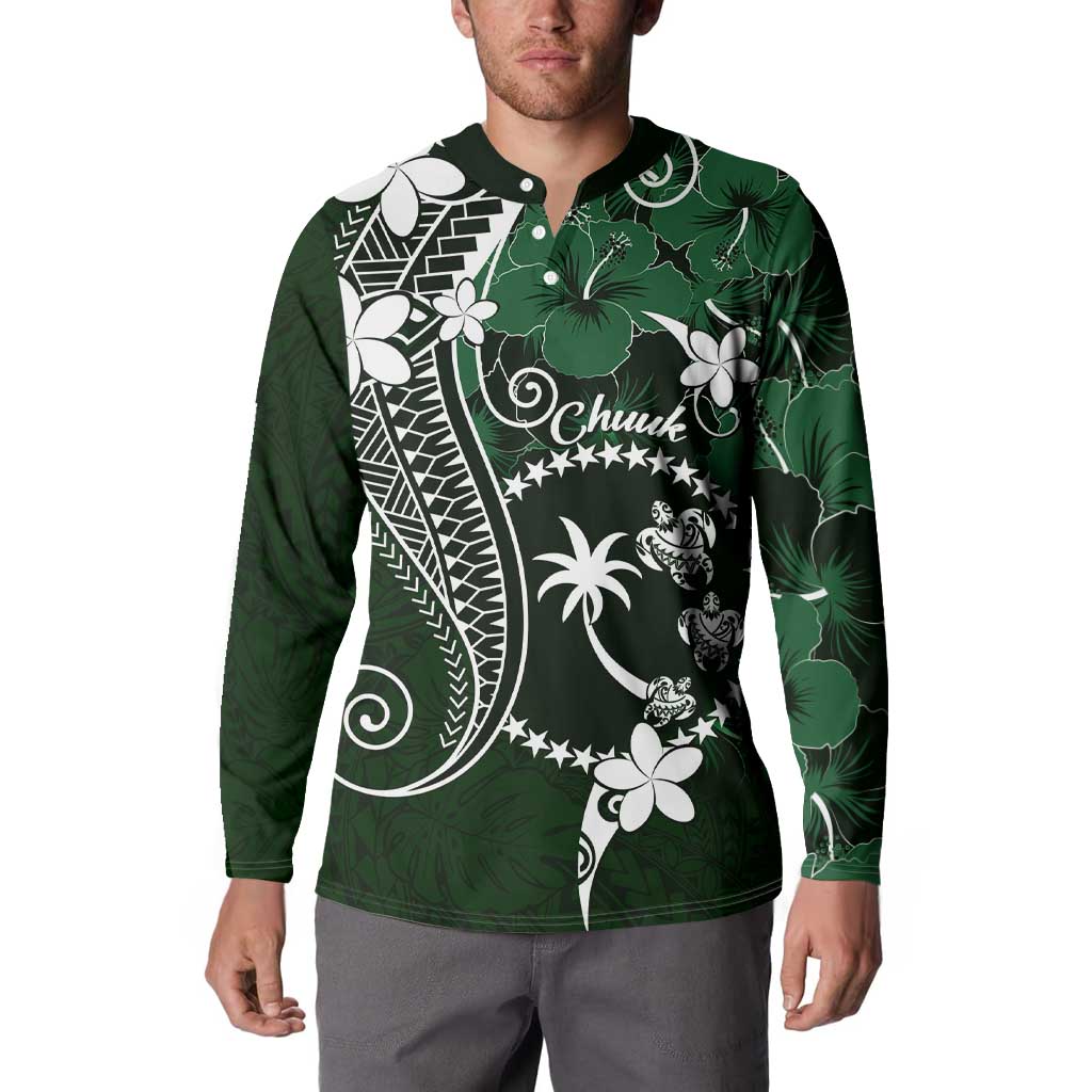 FSM Chuuk Button Sweatshirt Turtle Tropical Flowers Polynesian - Green LT14 - Polynesian Pride
