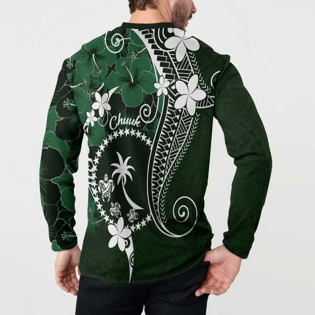 FSM Chuuk Button Sweatshirt Turtle Tropical Flowers Polynesian - Green LT14 - Polynesian Pride
