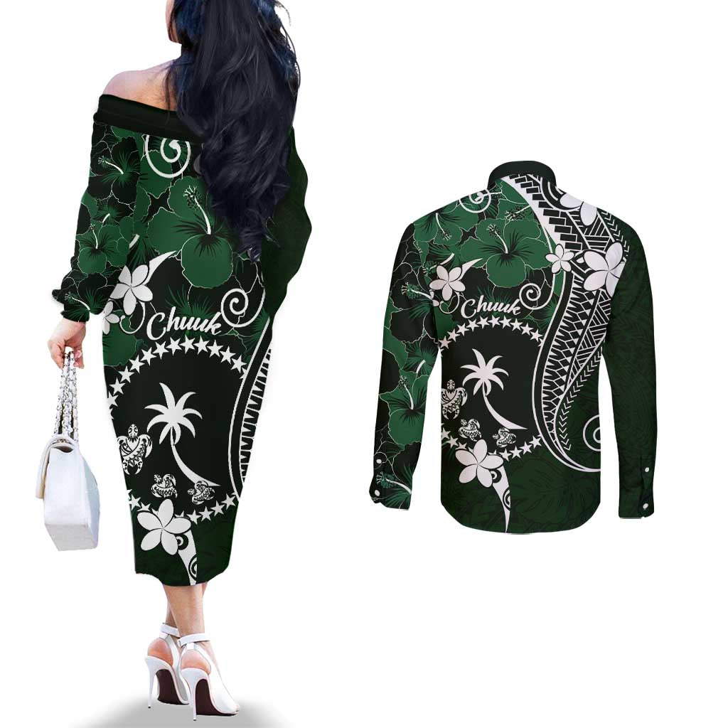 FSM Chuuk Couples Matching Off The Shoulder Long Sleeve Dress and Long Sleeve Button Shirt Turtle Tropical Flowers Polynesian - Green