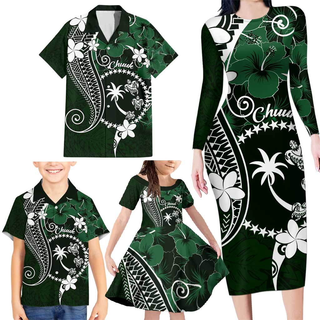 FSM Chuuk Family Matching Long Sleeve Bodycon Dress and Hawaiian Shirt Turtle Tropical Flowers Polynesian - Green LT14 - Polynesian Pride