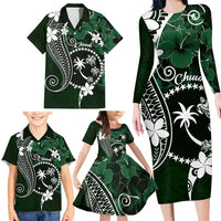 FSM Chuuk Family Matching Long Sleeve Bodycon Dress and Hawaiian Shirt Turtle Tropical Flowers Polynesian - Green LT14 - Polynesian Pride