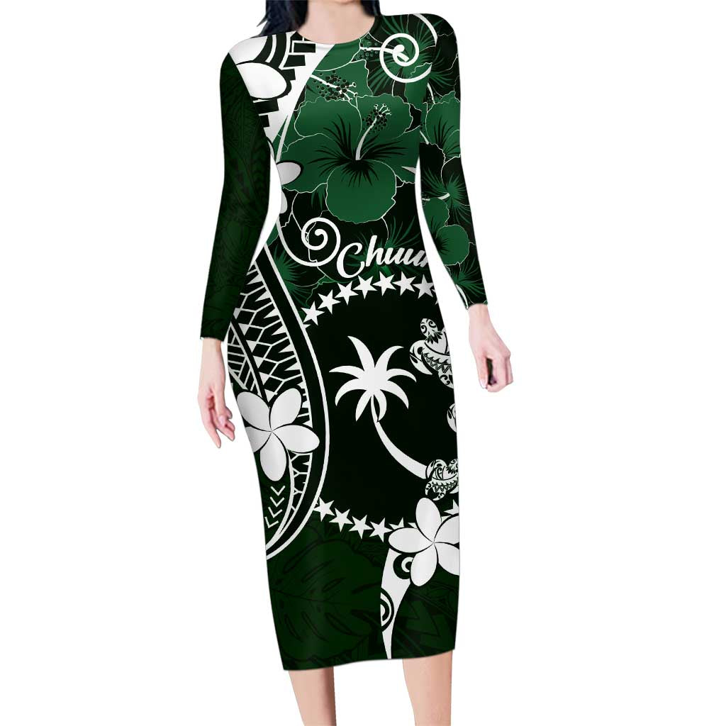 FSM Chuuk Family Matching Long Sleeve Bodycon Dress and Hawaiian Shirt Turtle Tropical Flowers Polynesian - Green LT14 Mom's Dress Green - Polynesian Pride