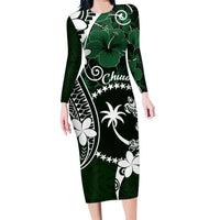 FSM Chuuk Family Matching Long Sleeve Bodycon Dress and Hawaiian Shirt Turtle Tropical Flowers Polynesian - Green LT14 Mom's Dress Green - Polynesian Pride