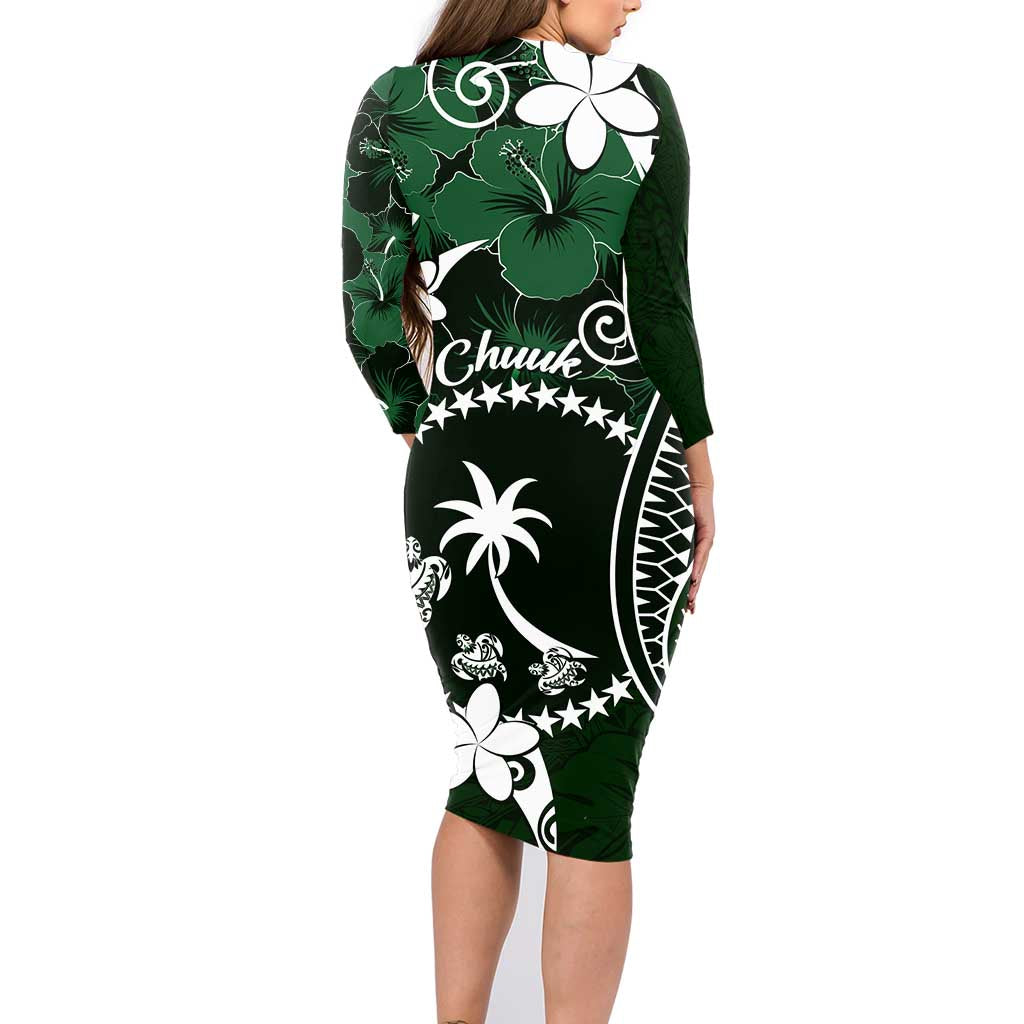 FSM Chuuk Family Matching Long Sleeve Bodycon Dress and Hawaiian Shirt Turtle Tropical Flowers Polynesian - Green LT14 - Polynesian Pride