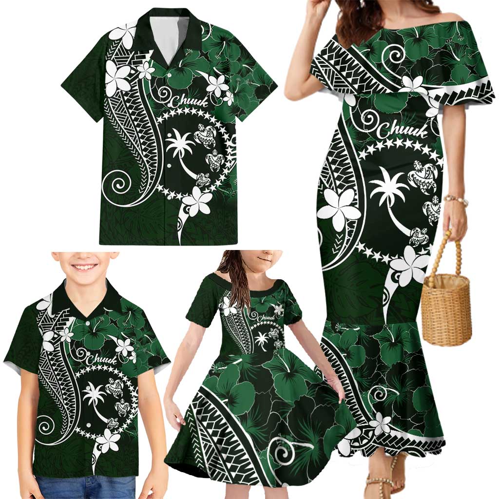 FSM Chuuk Family Matching Mermaid Dress and Hawaiian Shirt Turtle Tropical Flowers Polynesian - Green LT14 - Polynesian Pride