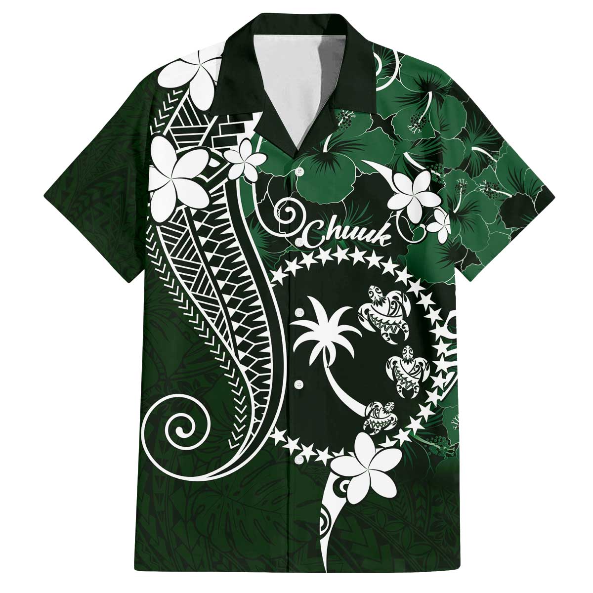 FSM Chuuk Family Matching Off The Shoulder Long Sleeve Dress and Hawaiian Shirt Turtle Tropical Flowers Polynesian - Green LT14 Dad's Shirt - Short Sleeve Green - Polynesian Pride