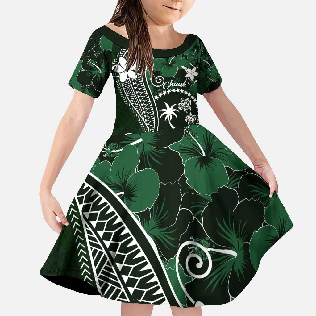 FSM Chuuk Family Matching Off Shoulder Maxi Dress and Hawaiian Shirt Turtle Tropical Flowers Polynesian - Green LT14 Daughter's Dress Green - Polynesian Pride