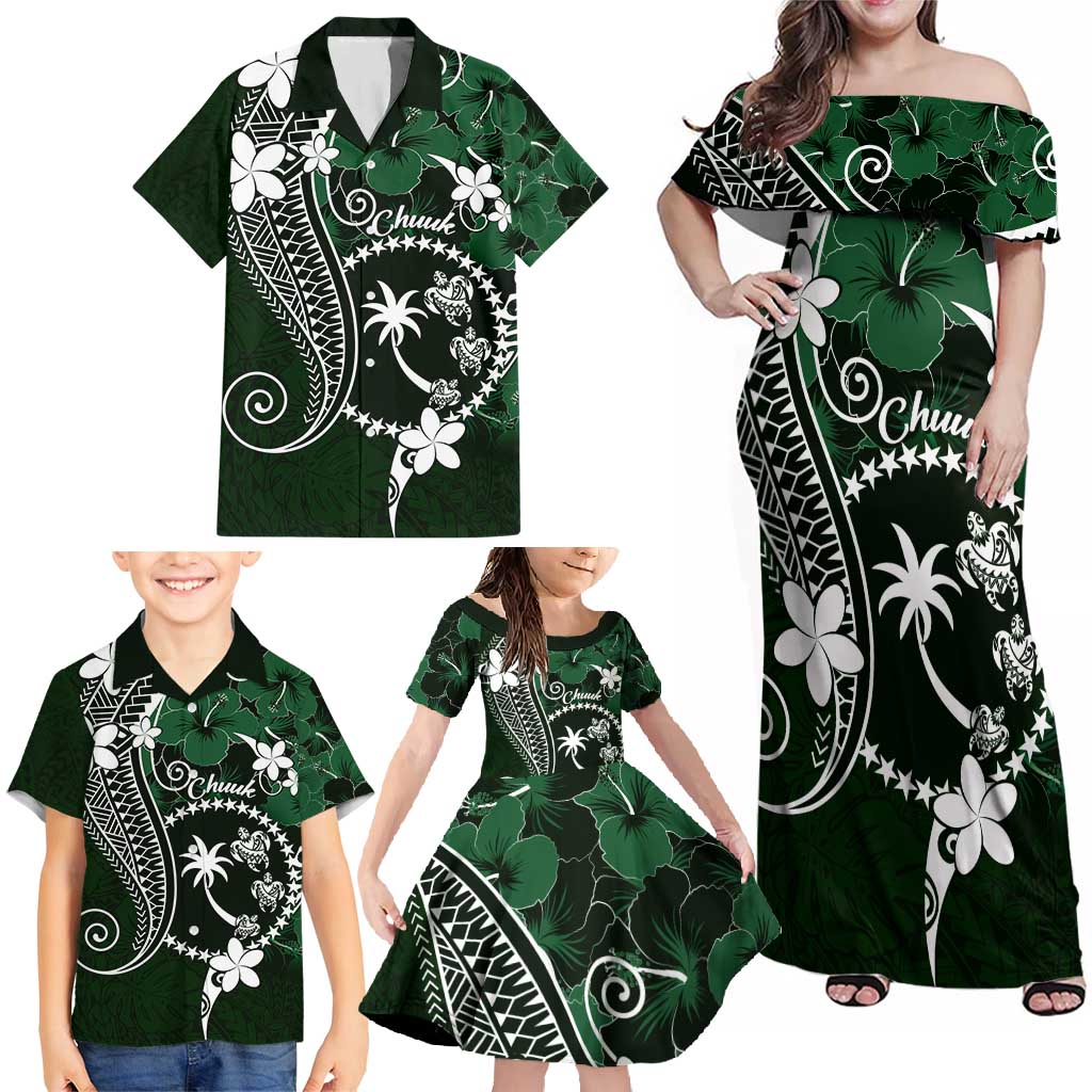 FSM Chuuk Family Matching Off Shoulder Maxi Dress and Hawaiian Shirt Turtle Tropical Flowers Polynesian - Green LT14 - Polynesian Pride