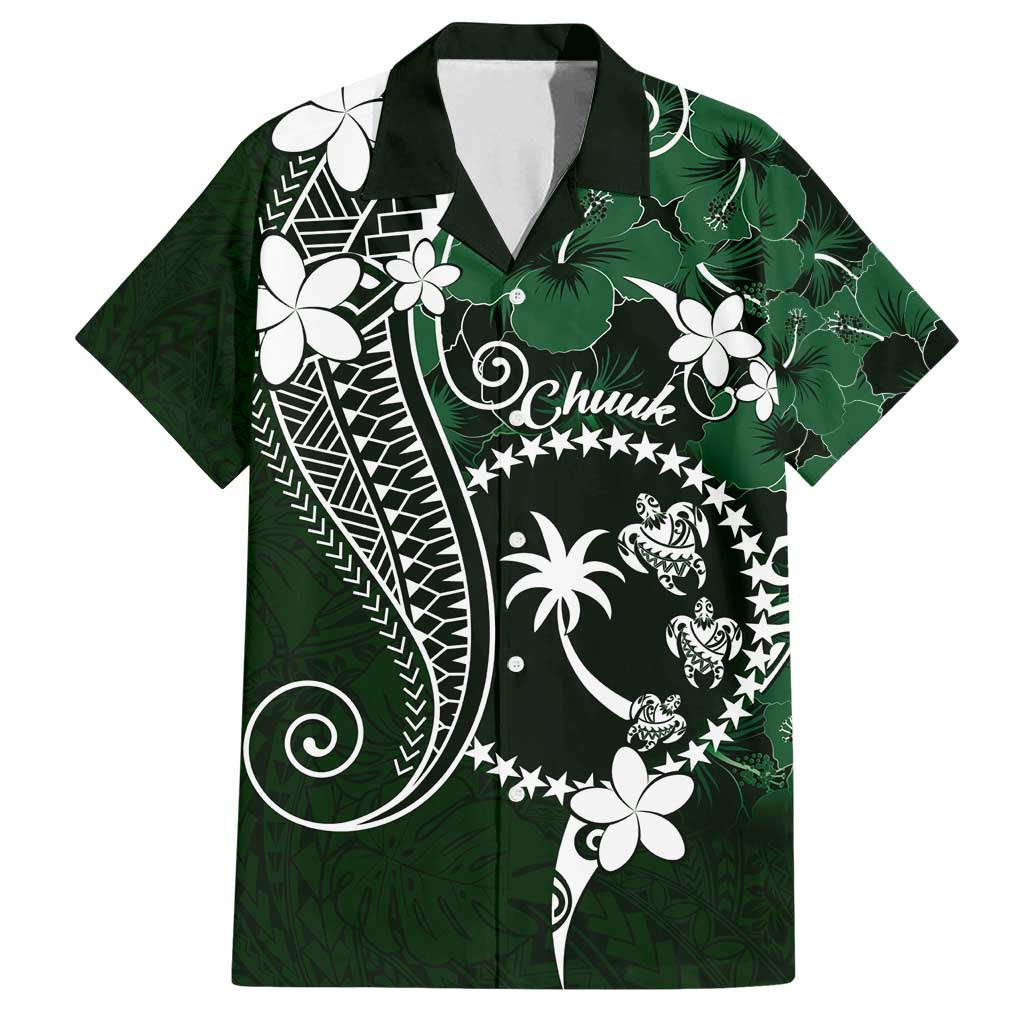 FSM Chuuk Family Matching Off Shoulder Maxi Dress and Hawaiian Shirt Turtle Tropical Flowers Polynesian - Green LT14 Dad's Shirt - Short Sleeve Green - Polynesian Pride
