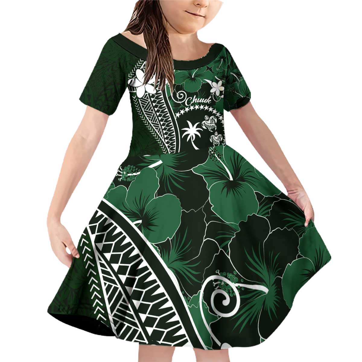 FSM Chuuk Family Matching Off Shoulder Short Dress and Hawaiian Shirt Turtle Tropical Flowers Polynesian - Green LT14 Daughter's Dress Green - Polynesian Pride