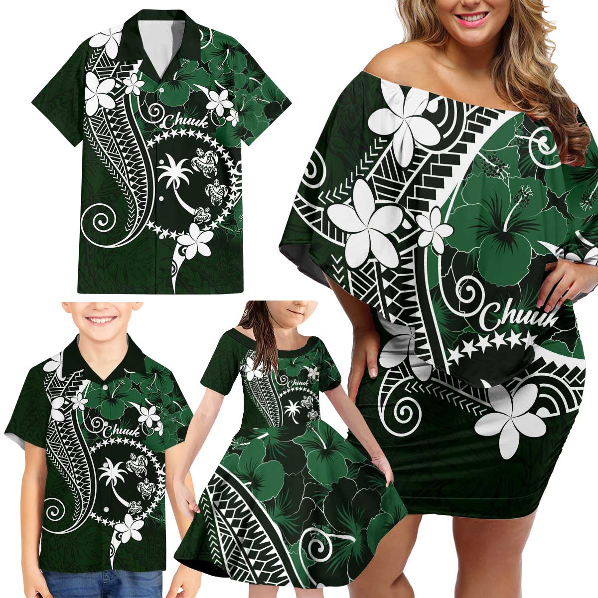 FSM Chuuk Family Matching Off Shoulder Short Dress and Hawaiian Shirt Turtle Tropical Flowers Polynesian - Green LT14 - Polynesian Pride