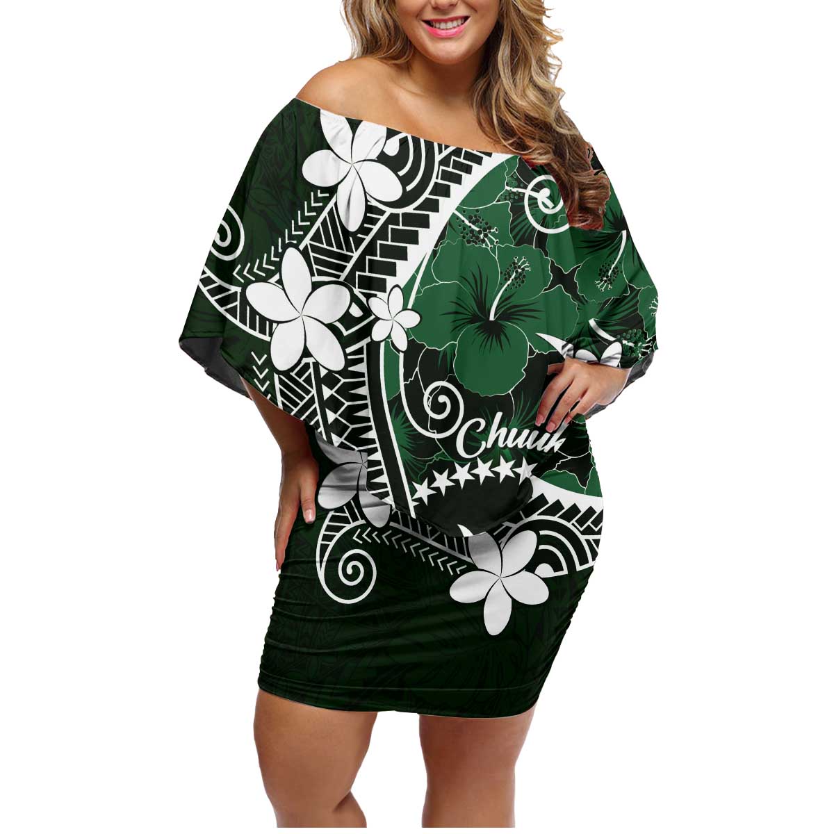 FSM Chuuk Family Matching Off Shoulder Short Dress and Hawaiian Shirt Turtle Tropical Flowers Polynesian - Green LT14 Mom's Dress Green - Polynesian Pride
