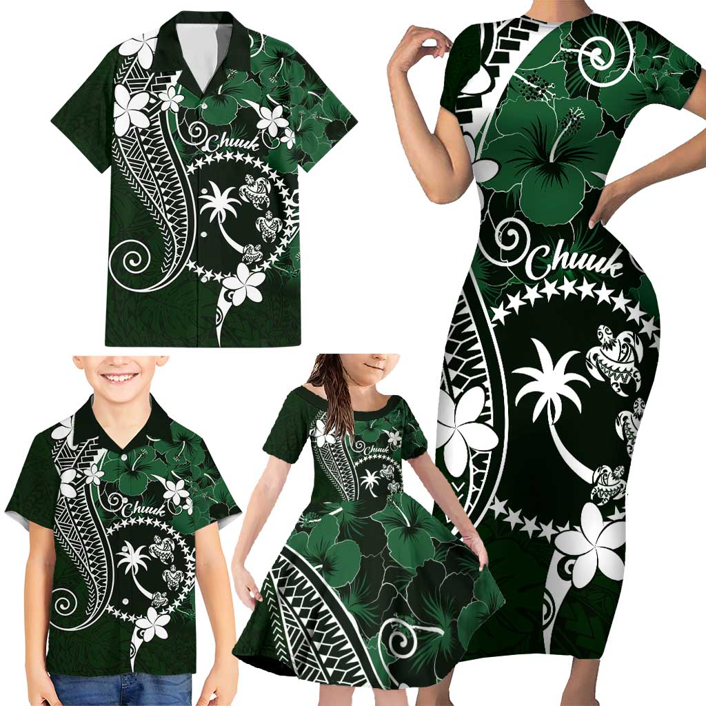 FSM Chuuk Family Matching Short Sleeve Bodycon Dress and Hawaiian Shirt Turtle Tropical Flowers Polynesian - Green LT14 - Polynesian Pride