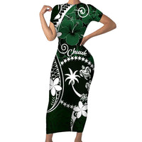 FSM Chuuk Family Matching Short Sleeve Bodycon Dress and Hawaiian Shirt Turtle Tropical Flowers Polynesian - Green LT14 Mom's Dress Green - Polynesian Pride