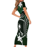 FSM Chuuk Short Sleeve Bodycon Dress Turtle Tropical Flowers Polynesian - Green