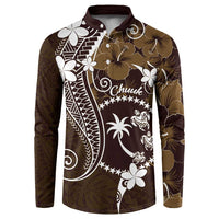 FSM Chuuk Button Sweatshirt Turtle Tropical Flowers Polynesian - Brown LT14 Brown - Polynesian Pride