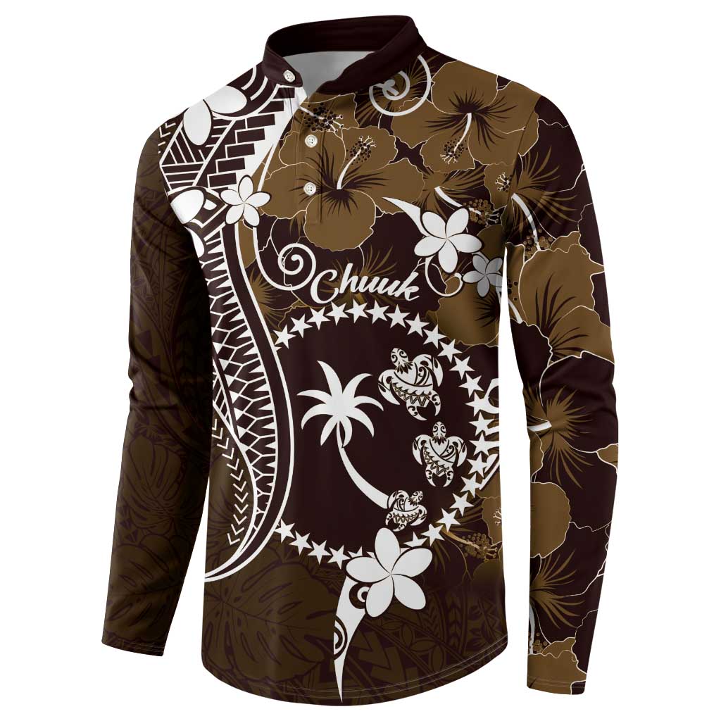 FSM Chuuk Button Sweatshirt Turtle Tropical Flowers Polynesian - Brown LT14 - Polynesian Pride