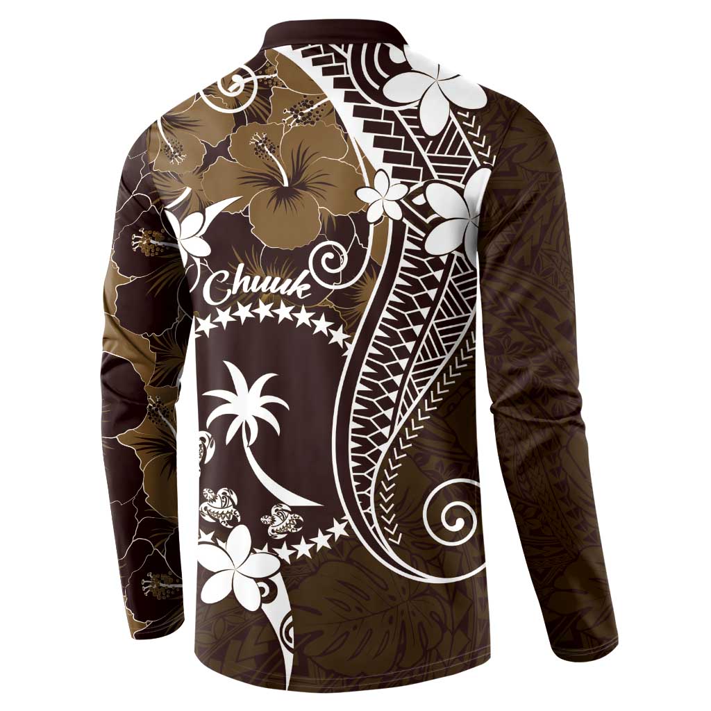FSM Chuuk Button Sweatshirt Turtle Tropical Flowers Polynesian - Brown LT14 - Polynesian Pride