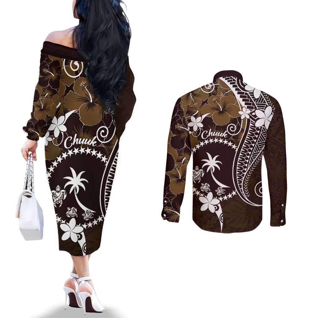 FSM Chuuk Couples Matching Off The Shoulder Long Sleeve Dress and Long Sleeve Button Shirt Turtle Tropical Flowers Polynesian - Brown