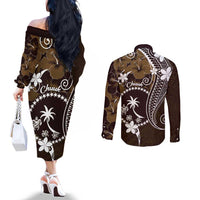 FSM Chuuk Couples Matching Off The Shoulder Long Sleeve Dress and Long Sleeve Button Shirt Turtle Tropical Flowers Polynesian - Brown