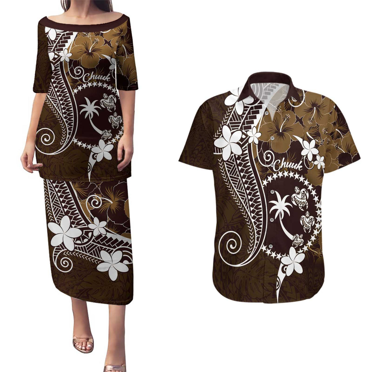 FSM Chuuk Couples Matching Puletasi and Hawaiian Shirt Turtle Tropical Flowers Polynesian - Brown