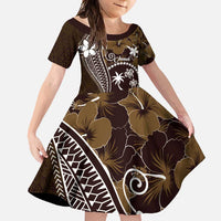 FSM Chuuk Family Matching Long Sleeve Bodycon Dress and Hawaiian Shirt Turtle Tropical Flowers Polynesian - Brown LT14 Daughter's Dress Brown - Polynesian Pride