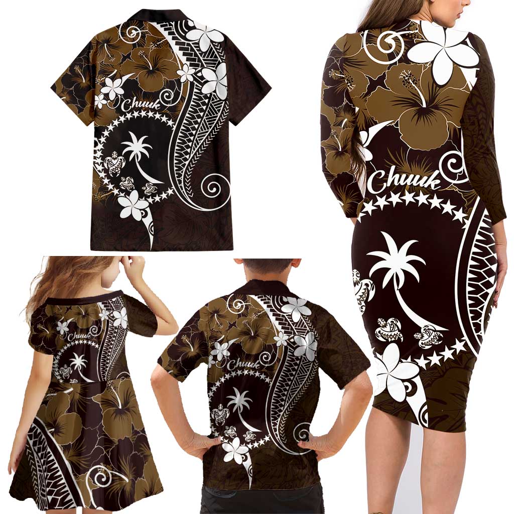 FSM Chuuk Family Matching Long Sleeve Bodycon Dress and Hawaiian Shirt Turtle Tropical Flowers Polynesian - Brown LT14 - Polynesian Pride