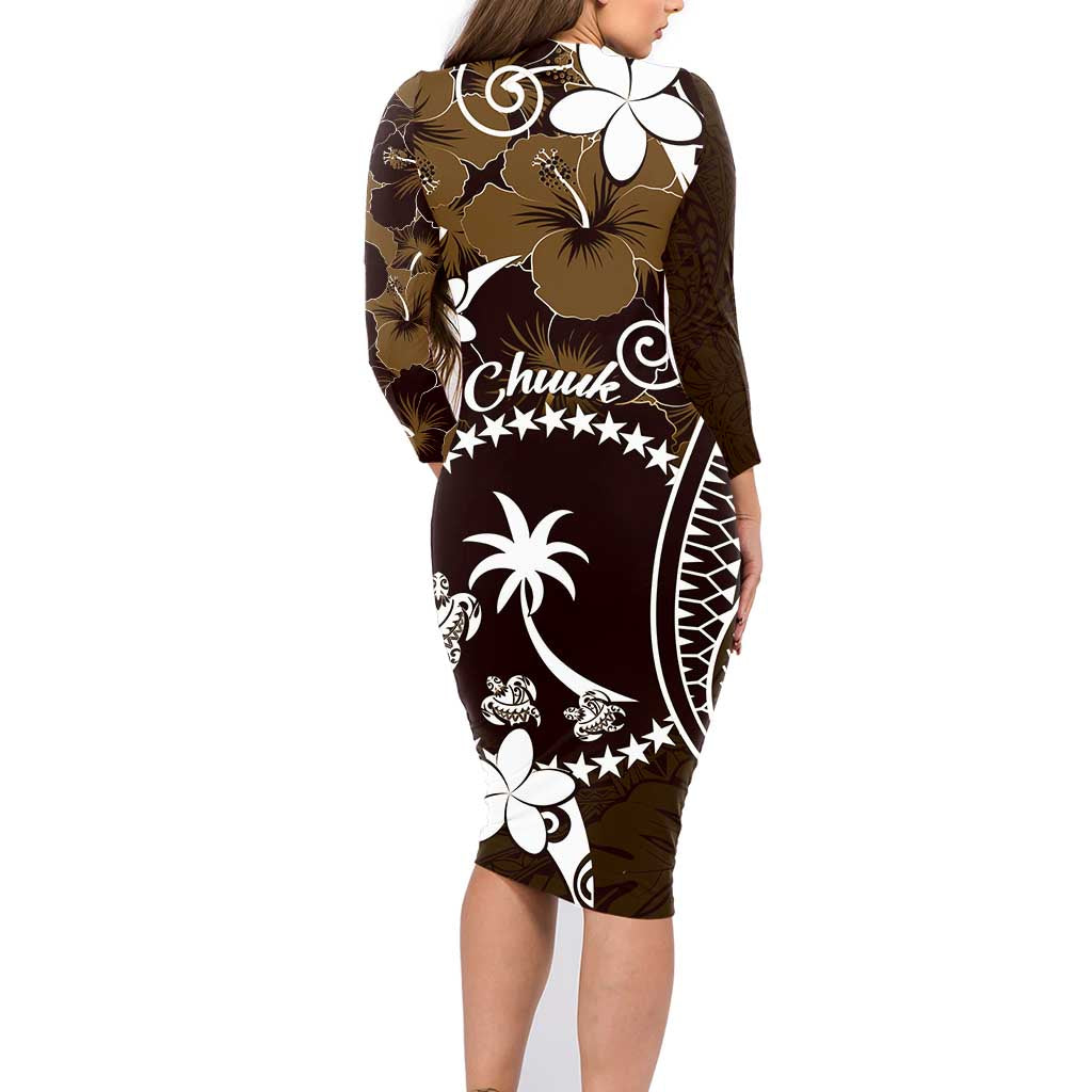 FSM Chuuk Family Matching Long Sleeve Bodycon Dress and Hawaiian Shirt Turtle Tropical Flowers Polynesian - Brown LT14 - Polynesian Pride