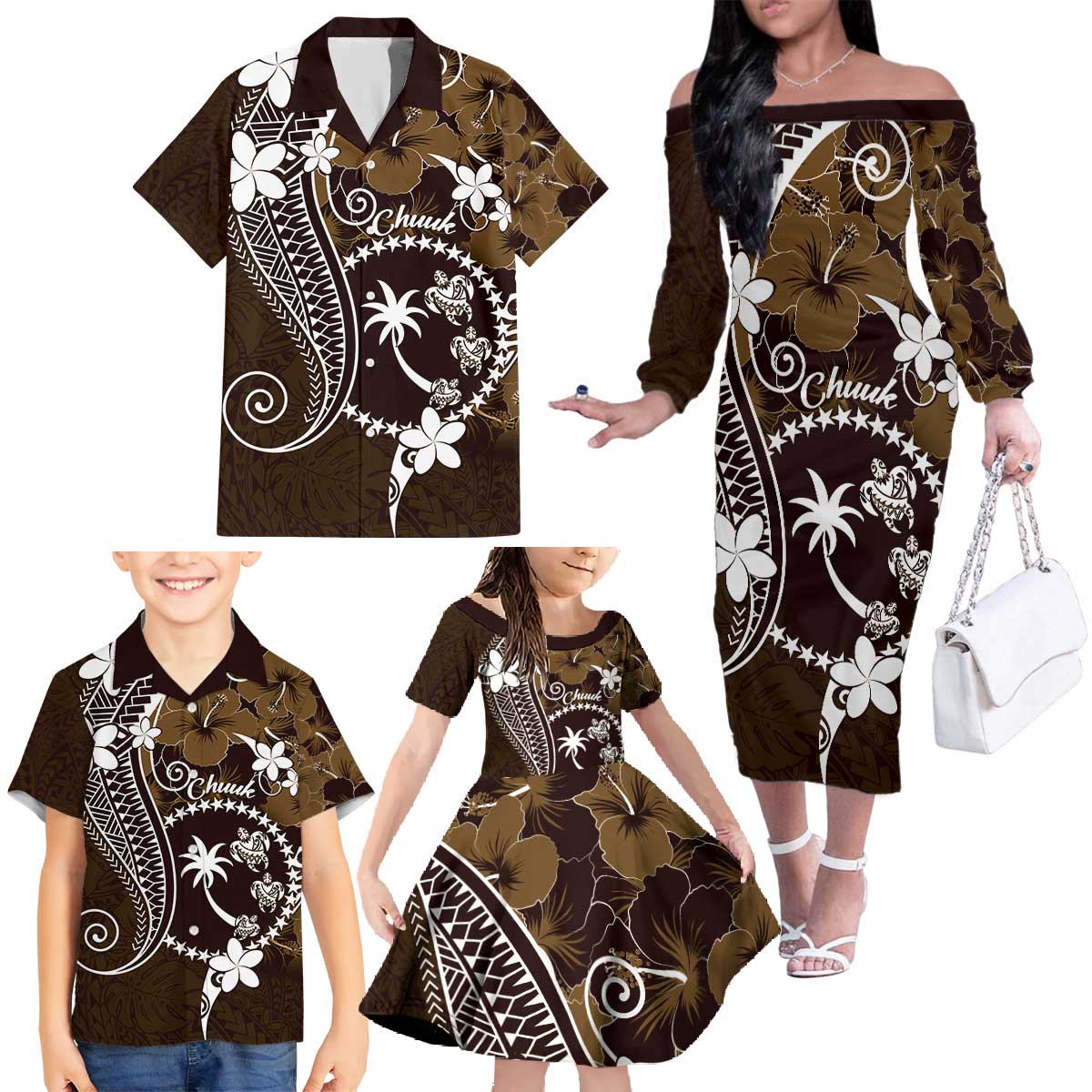 FSM Chuuk Family Matching Off The Shoulder Long Sleeve Dress and Hawaiian Shirt Turtle Tropical Flowers Polynesian - Brown LT14 - Polynesian Pride