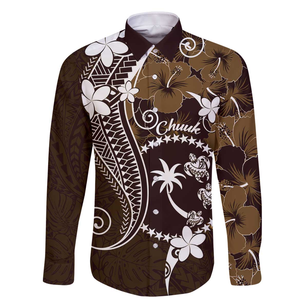 FSM Chuuk Family Matching Off The Shoulder Long Sleeve Dress and Hawaiian Shirt Turtle Tropical Flowers Polynesian - Brown LT14 Dad's Shirt - Long Sleeve Brown - Polynesian Pride