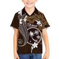 FSM Chuuk Family Matching Off The Shoulder Long Sleeve Dress and Hawaiian Shirt Turtle Tropical Flowers Polynesian - Brown LT14 Son's Shirt Brown - Polynesian Pride