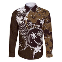 FSM Chuuk Family Matching Off Shoulder Maxi Dress and Hawaiian Shirt Turtle Tropical Flowers Polynesian - Brown LT14 Dad's Shirt - Long Sleeve Brown - Polynesian Pride