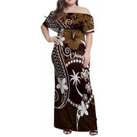 FSM Chuuk Family Matching Off Shoulder Maxi Dress and Hawaiian Shirt Turtle Tropical Flowers Polynesian - Brown LT14 Mom's Dress Brown - Polynesian Pride