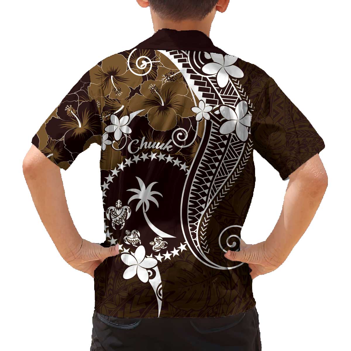 FSM Chuuk Family Matching Off Shoulder Short Dress and Hawaiian Shirt Turtle Tropical Flowers Polynesian - Brown LT14 - Polynesian Pride