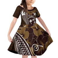 FSM Chuuk Family Matching Off Shoulder Short Dress and Hawaiian Shirt Turtle Tropical Flowers Polynesian - Brown LT14 Daughter's Dress Brown - Polynesian Pride