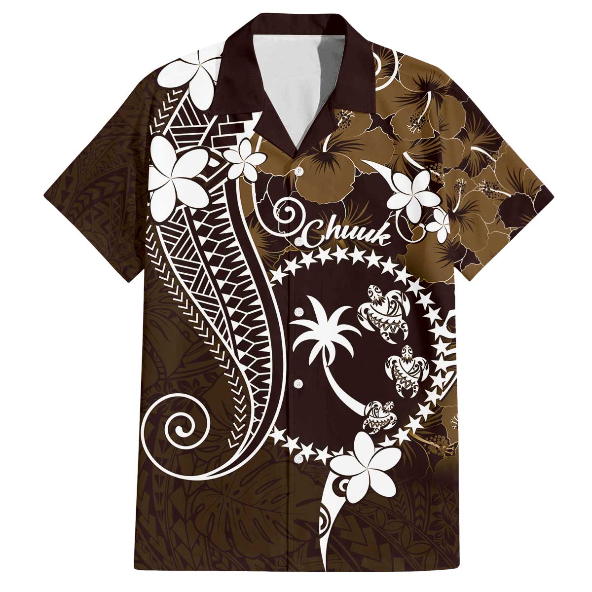 FSM Chuuk Family Matching Off Shoulder Short Dress and Hawaiian Shirt Turtle Tropical Flowers Polynesian - Brown LT14 Dad's Shirt - Short Sleeve Brown - Polynesian Pride