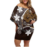 FSM Chuuk Family Matching Off Shoulder Short Dress and Hawaiian Shirt Turtle Tropical Flowers Polynesian - Brown LT14 Mom's Dress Brown - Polynesian Pride