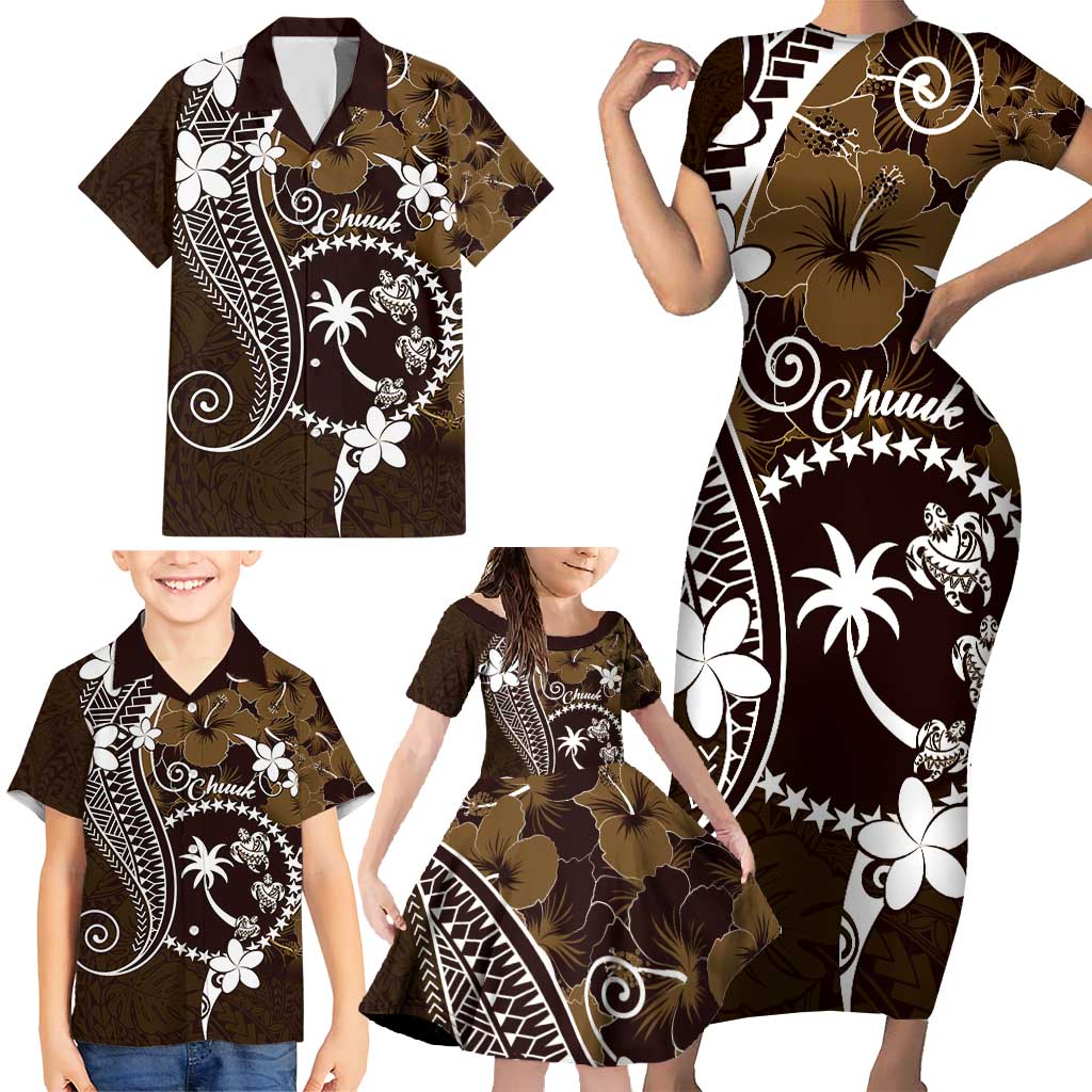 FSM Chuuk Family Matching Short Sleeve Bodycon Dress and Hawaiian Shirt Turtle Tropical Flowers Polynesian - Brown LT14 - Polynesian Pride