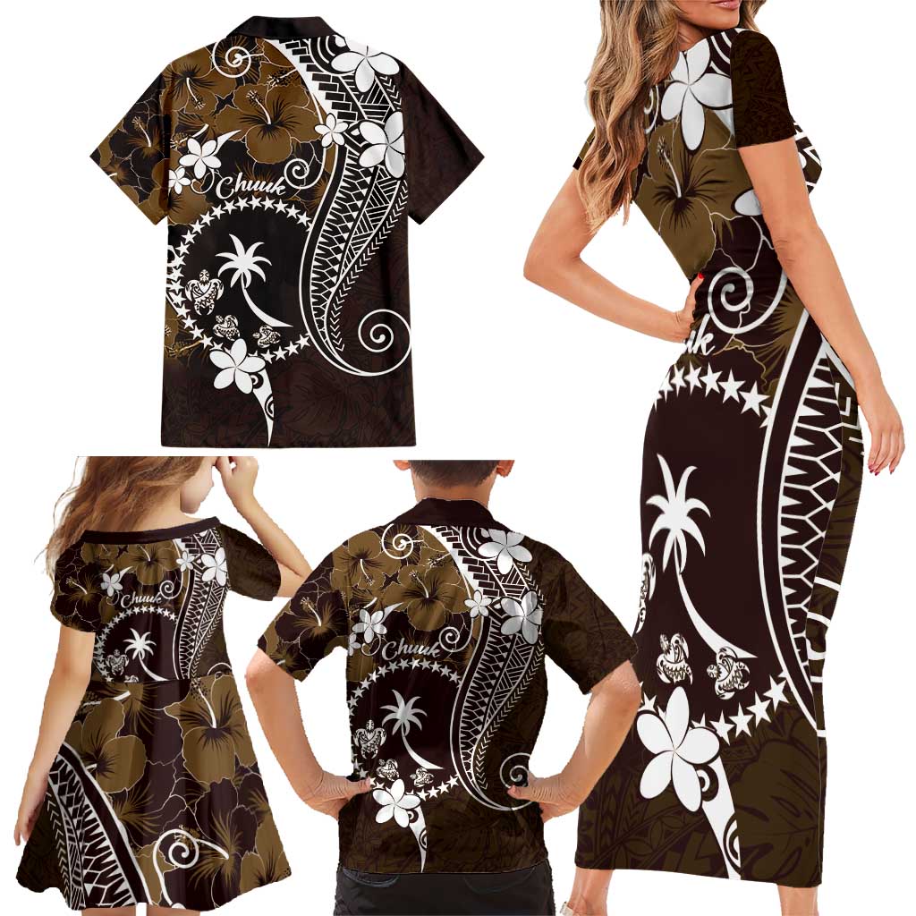 FSM Chuuk Family Matching Short Sleeve Bodycon Dress and Hawaiian Shirt Turtle Tropical Flowers Polynesian - Brown LT14 - Polynesian Pride
