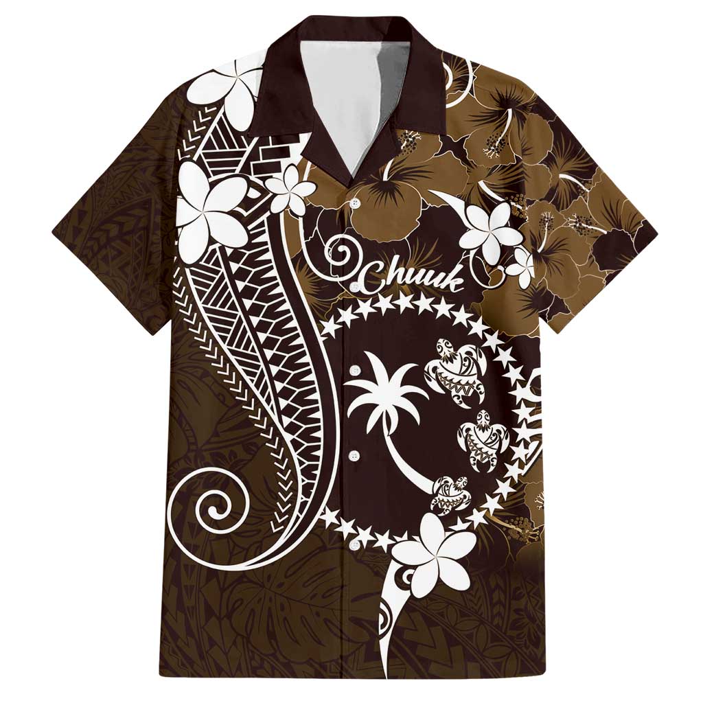 FSM Chuuk Family Matching Short Sleeve Bodycon Dress and Hawaiian Shirt Turtle Tropical Flowers Polynesian - Brown LT14 Dad's Shirt - Short Sleeve Brown - Polynesian Pride