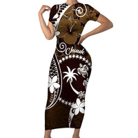 FSM Chuuk Family Matching Short Sleeve Bodycon Dress and Hawaiian Shirt Turtle Tropical Flowers Polynesian - Brown LT14 Mom's Dress Brown - Polynesian Pride